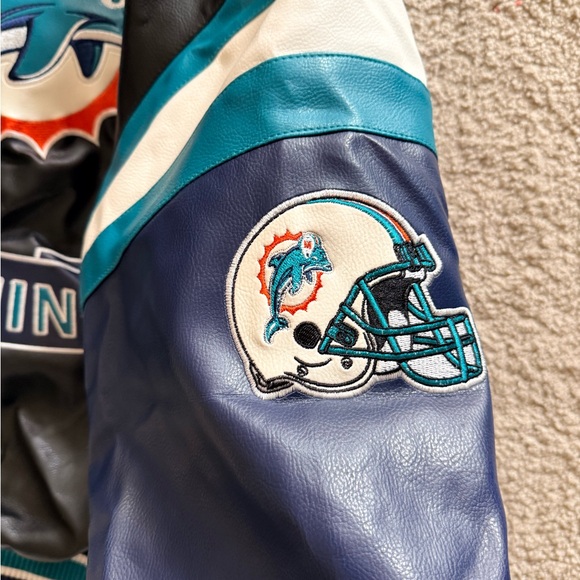 New with tags! NFL Team Apparel Miami Dolphins Faux Leather Bomber Jacket - Picture 5 of 9
